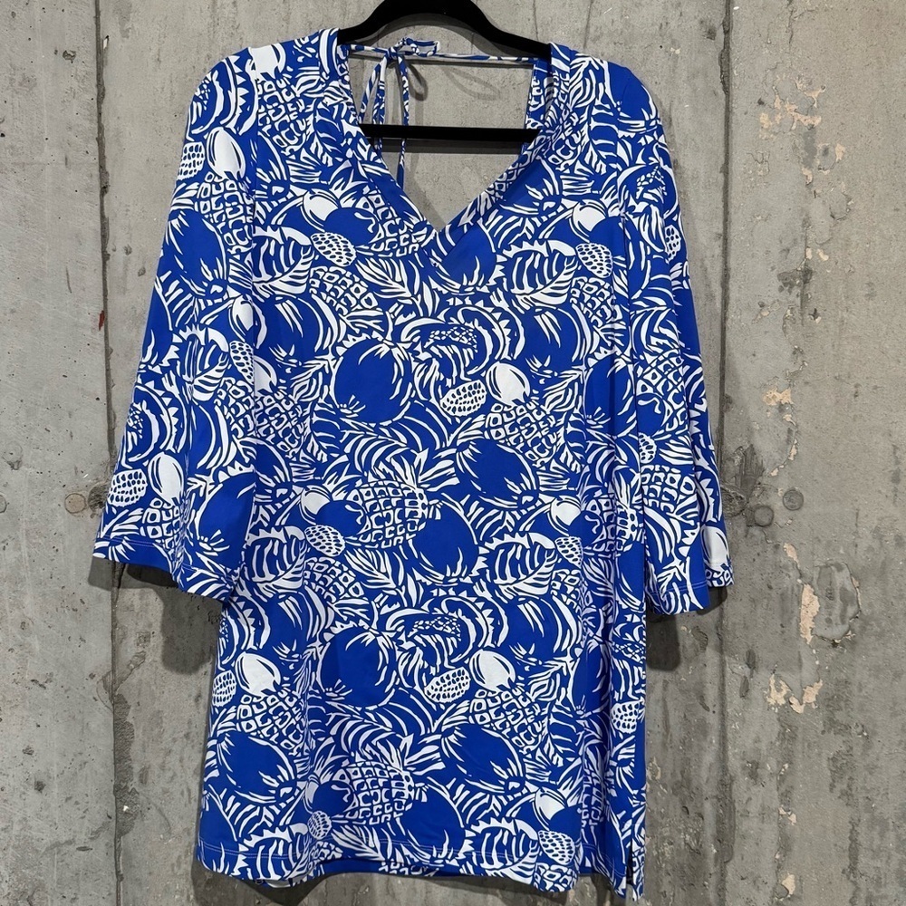 Persifor Large Pineapple V-Neck Shift Mini Dress Resort Preppy Vacation Beach